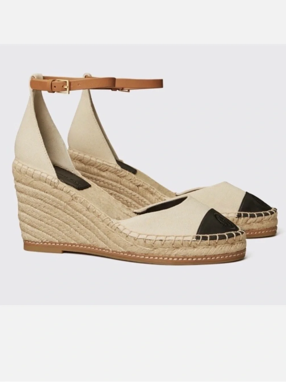 Tory Burch Color Block 85mm Wedge Espadrille Sandal Size 8.5 Color Cream & Black
